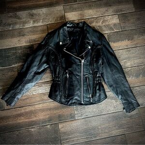 Excel Biker’s Stuff Black Leather Motorcycle Riding Jacket braid accent 40